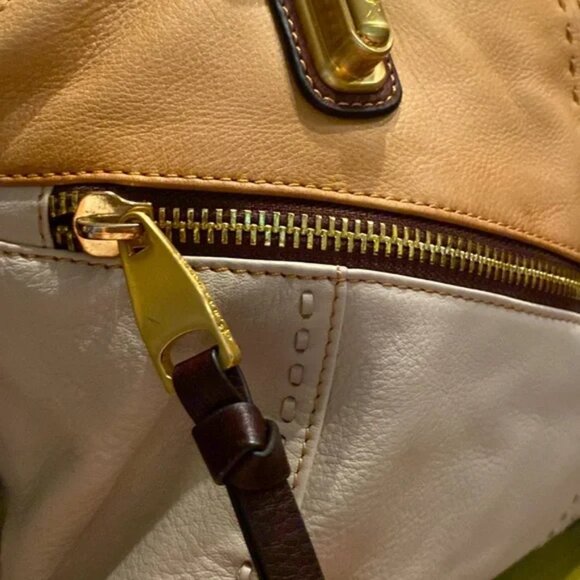 B Makowsky Cream/Brown/Caramel Smooth Leather Large Tote Shoulder Bag EUC - Picture 7 of 17